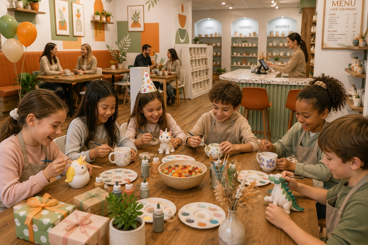 Enfants qui peignent autour d'une table pour un anniversaire au Ludik Café