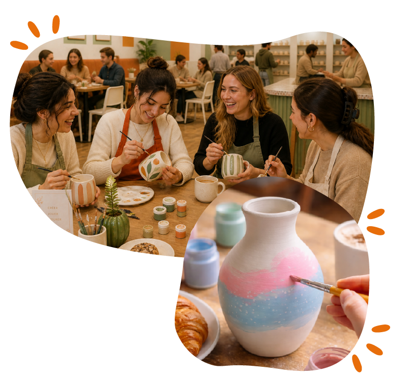 Peinture d'une tasse en céramique avec un pinceau, accompagnée d'une scène de quiz interactif où des participants jouent ensemble dans une ambiance ludique.
