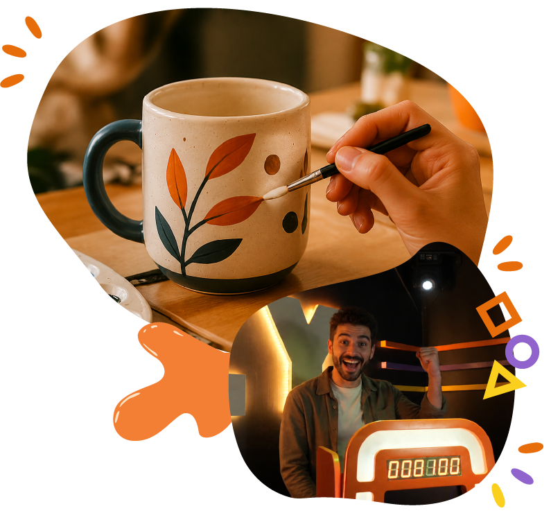 Peinture d'une tasse en céramique avec un pinceau, accompagnée d'une scène de quiz interactif où des participants jouent ensemble dans une ambiance ludique.