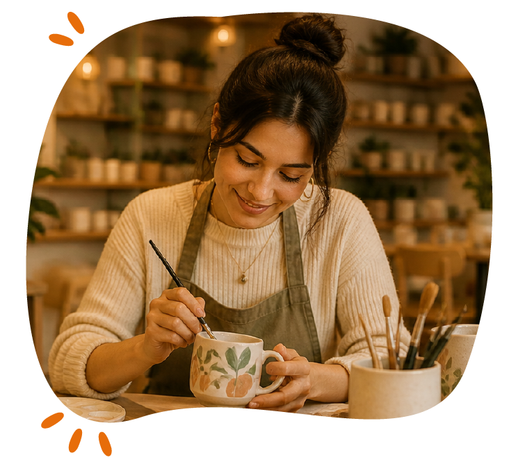 Amies qui peinturent des pièces de céramique au café